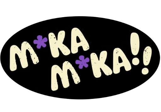 Eine Illustration mit dem weißen Schriftzug Mika! Mika! vor einem schwarzen elliptischen Hintergrund. Die beiden i-s sind durch lila Sternchen ersetzt.