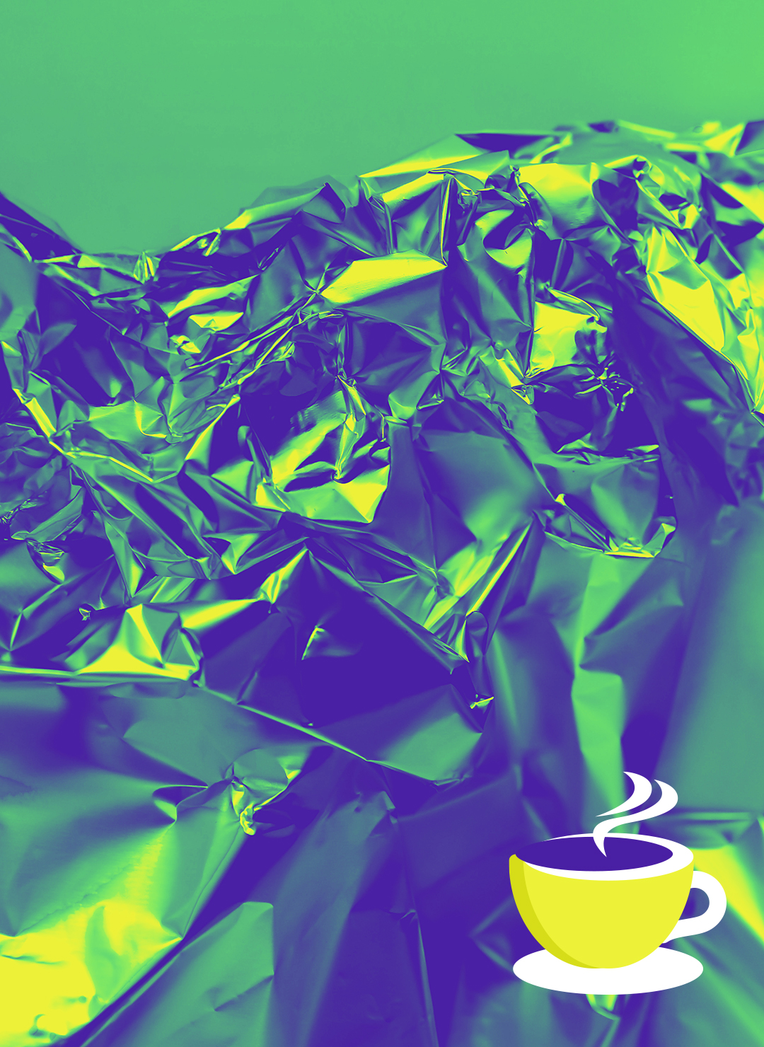 Foto von zerknüllter Alufolie. Das Bild ist in Grün- und Gelbtönen eingefärbt. Unten rechts befindet sich das Symbol einer Tasse mit dampfender Flüssigkeit darin.