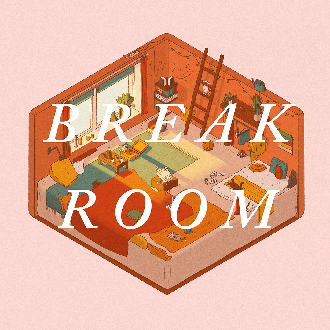 Zeichnung des Querschnitts eines Raumes mit Wohnzimmeratmosphäre, in dem viele gemütliche Elemente wie Decken, Kissen, Wärmflasche enthalten sind. In der Bildmitte und die Zeichnung verdeckend steht „BREAK ROOM“.