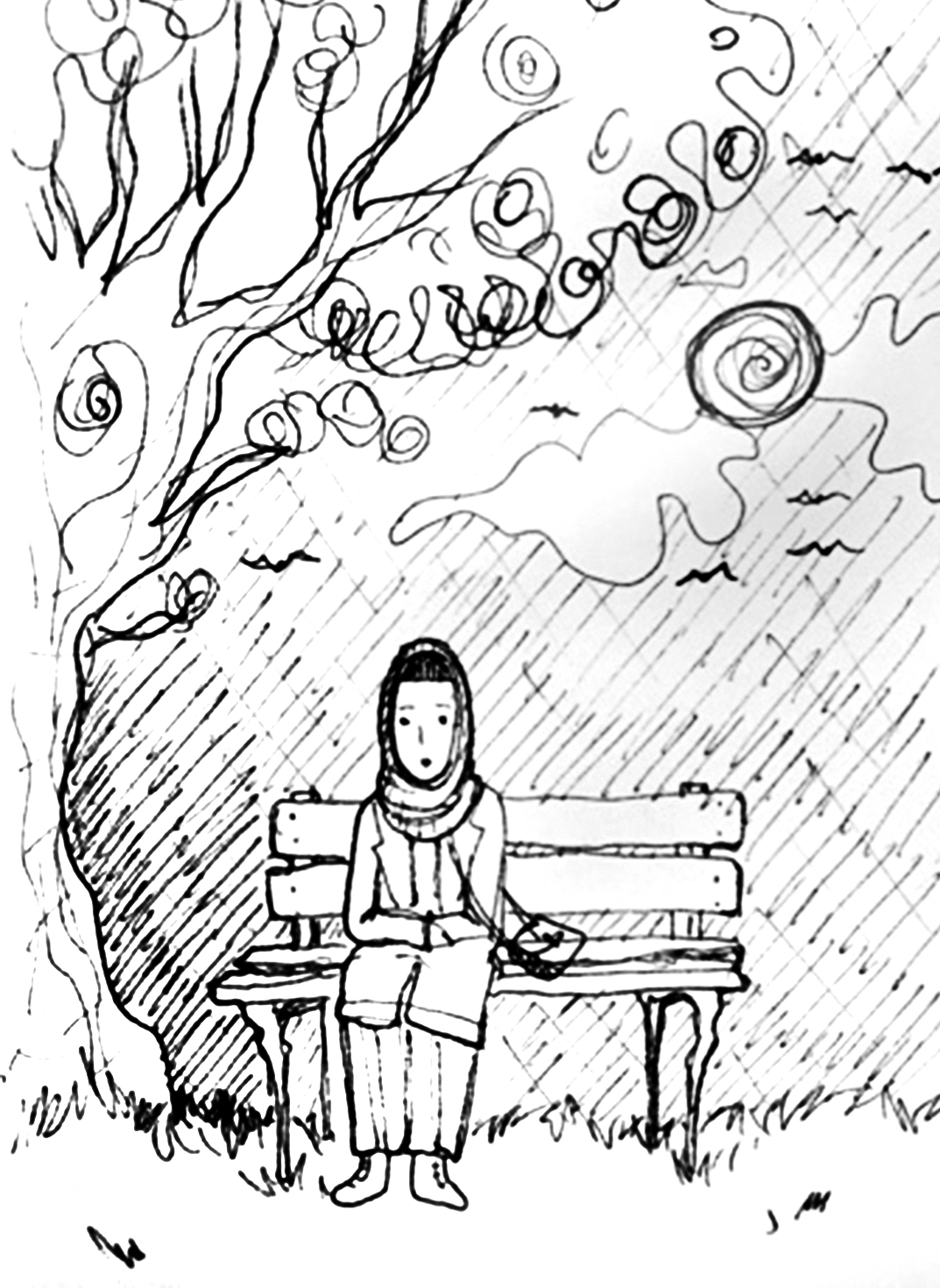 Zeichnung einer Person mit Kopftuch, die mit verschränkten Armen auf einer Parkbank sitzt.
